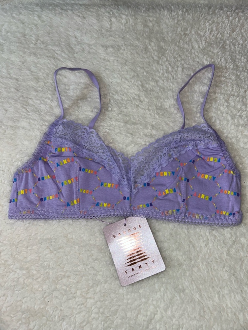Savage X Fenty Lavender Rainbow Logo Bralette Small Lace Trim NWT